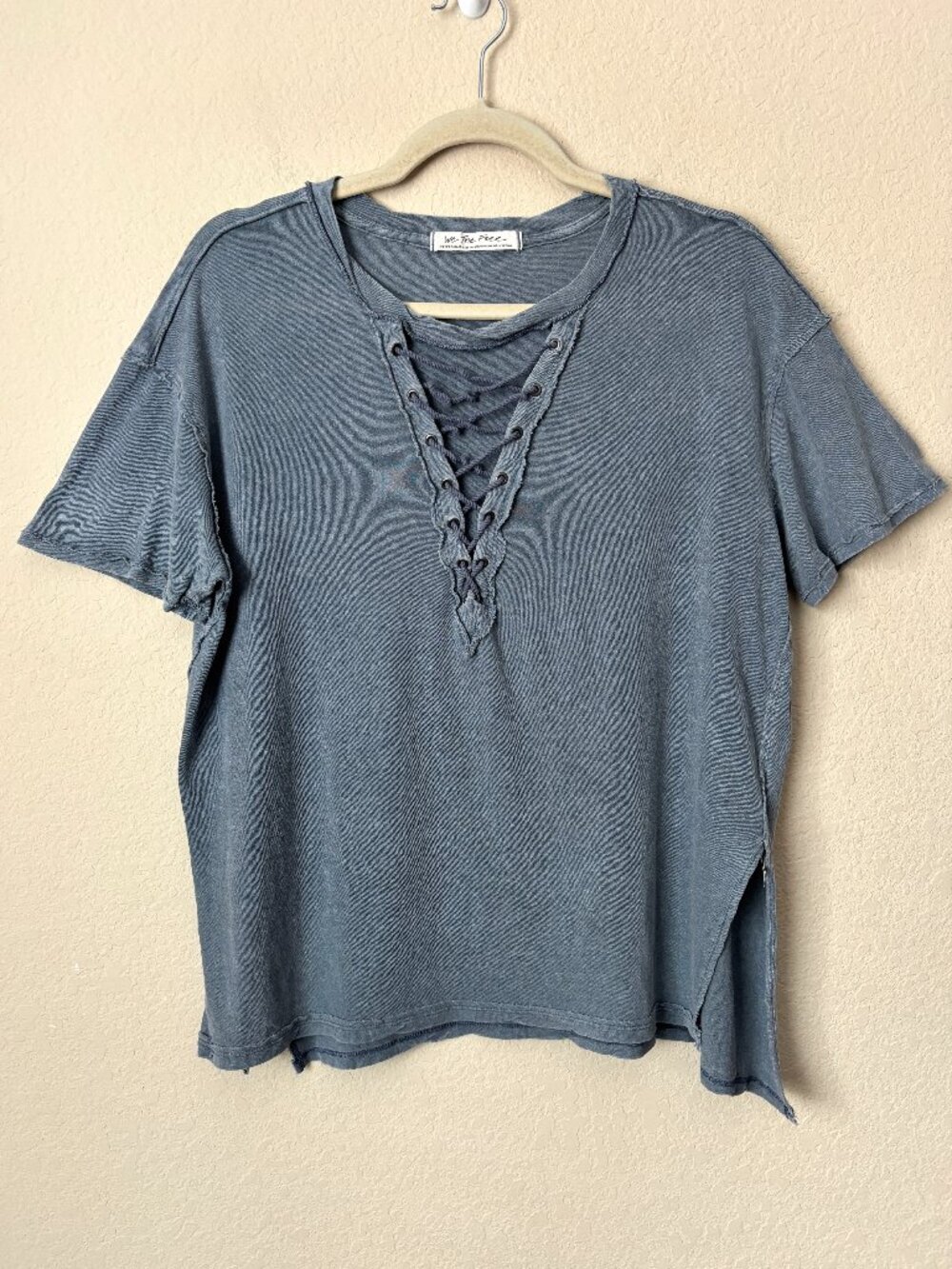 Free People Azalea Boho Lace-Up Cotton T-shirt Dust Navy